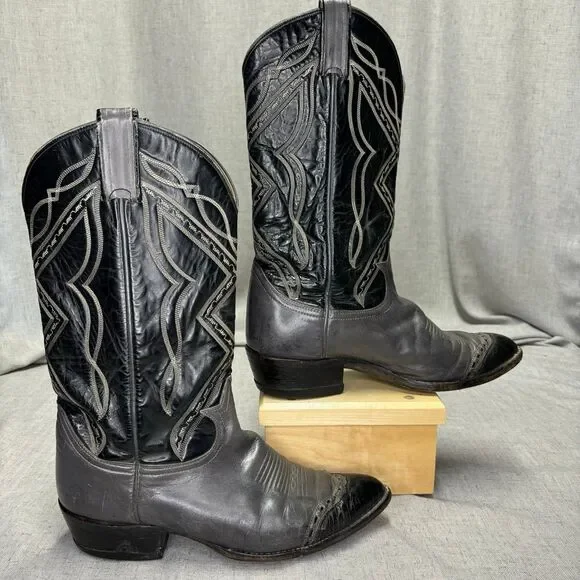Tony Lama Vintage Cowboy Boots Grey Black Leather Western Top Stitching Size 9 - Picture 2 of 11